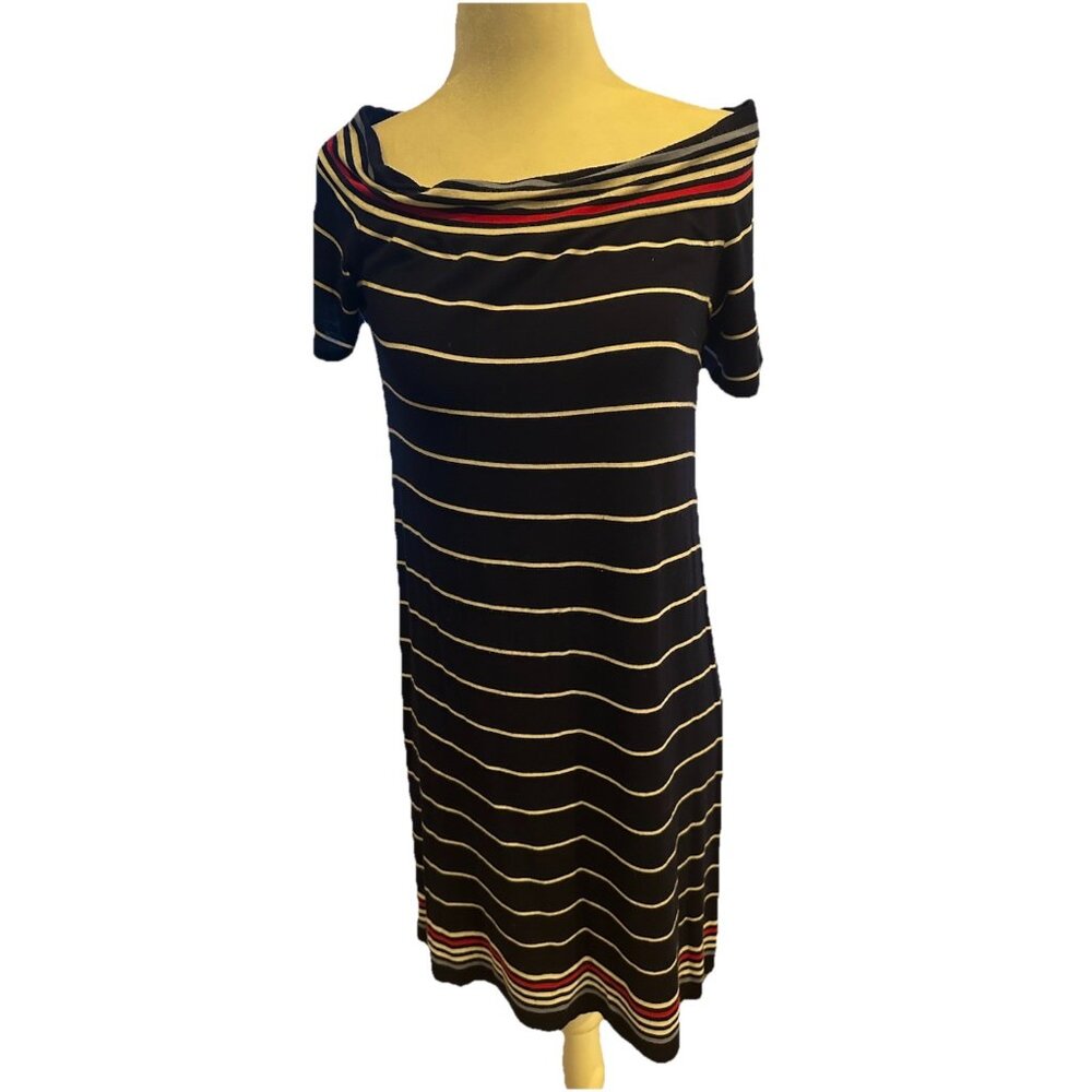 Max Studio Navy Blue Striped Coastal Vacation Beach Cotton MIDI Dress Small